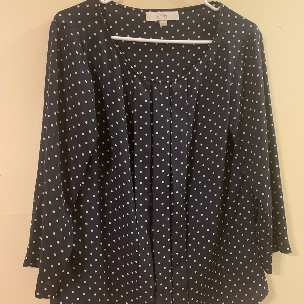 Ann Taylor Loft navy blue polka dot 3/4 sleeve blouse shirt top